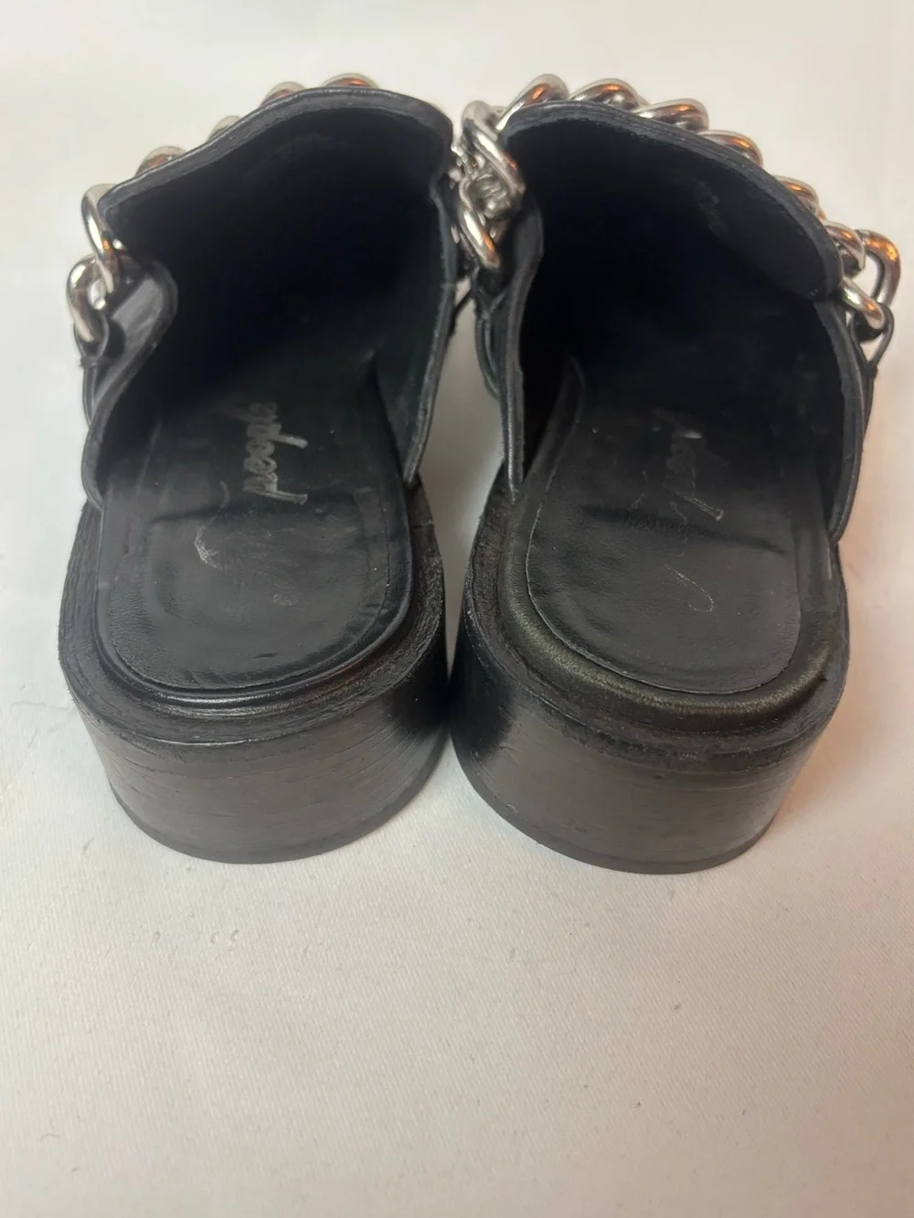 Free People Vida Mule Loafer Black Leather Silver Chain Sz 37 US 6.5-7 Low Heel